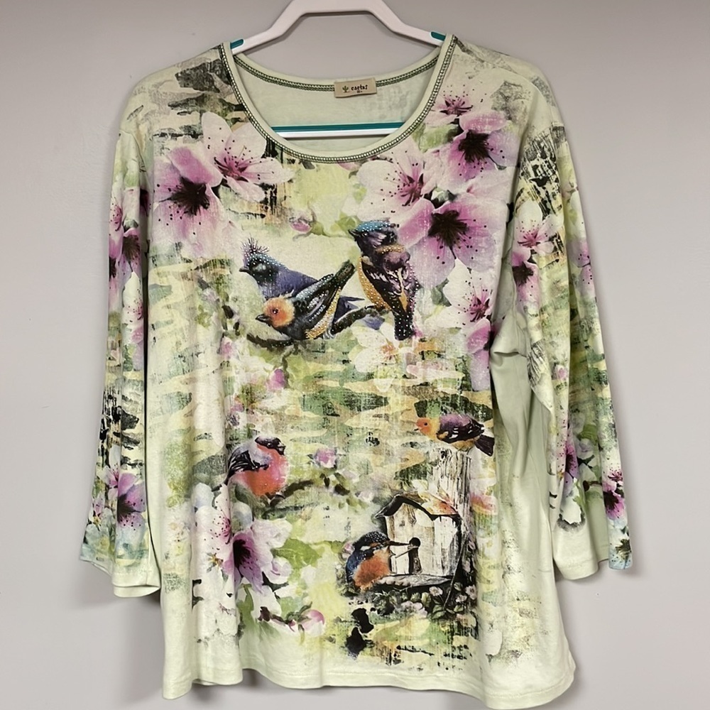 Cactus Embellished Bird/ flower Top/Tee - , 3/4 sleeves, stretchy cotton, 3X
